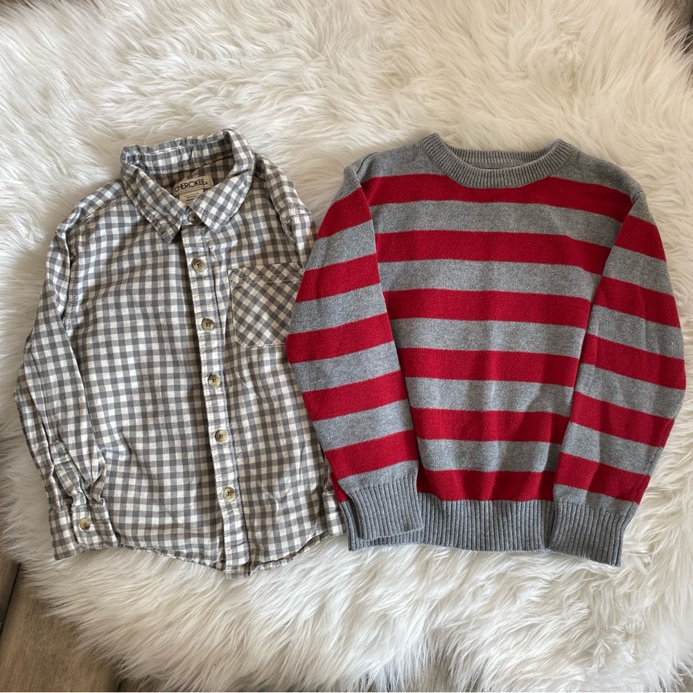 Kids Button Down Shirt and Striped Sweater Set